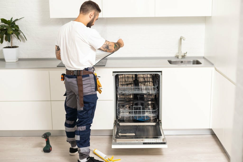 Craftsman repairs broken dishwasher.